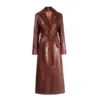 Women’s dark brown leather trench coat featuring premium leather, longline design, and elegant outerwear style
