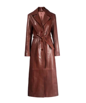 Women’s dark brown leather trench coat featuring premium leather, longline design, and elegant outerwear style