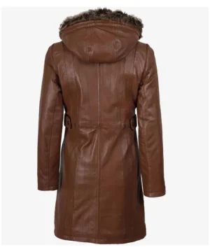 Faux hooded leather coat for women with structured fit, durable stitching, and modern streetwear style