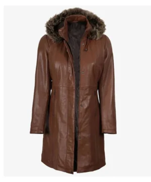 Women’s hooded faux leather coat designed for comfort, sleek silhouette, and versatile fashion look