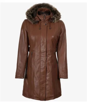 Women’s faux leather coat with hood featuring premium vegan leather, stylish design, and cozy outerwear appeal
