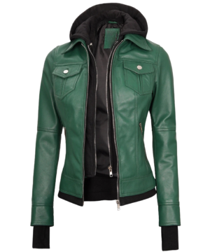 Green women’s leather jacket with hood designed for comfort, durable stitching, and everyday streetwear style