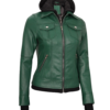 Women’s green hooded leather jacket featuring premium leather, modern design, and stylish casual outerwear appeal