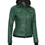 Women's Green Hooded Leather Jacket