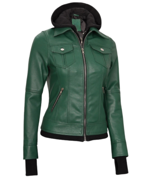 Women’s green hooded leather jacket featuring premium leather, modern design, and stylish casual outerwear appeal