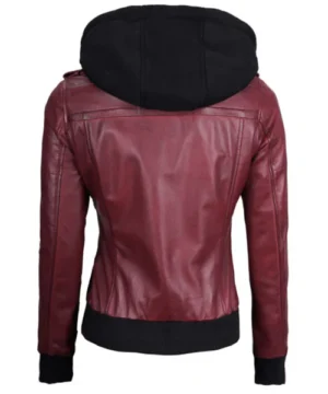 Solace maroon biker jacket with attached hood, durable stitching, and edgy motorcycle-inspired style