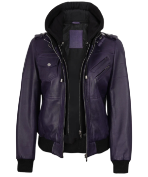 Women’s hooded leather jacket in purple showcasing a sleek fit, smooth finish, and versatile fashion look
