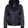 Women’s purple hooded leather jacket featuring premium leather, modern design, and stylish streetwear appeal