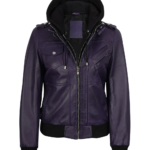 Women's Purple Hooded Leather Jacket
