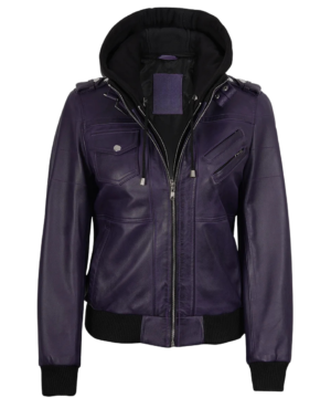 Women’s purple hooded leather jacket featuring premium leather, modern design, and stylish streetwear appeal