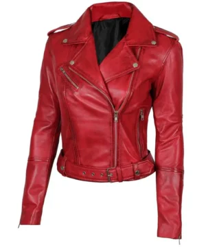 Asymmetrical red women’s biker leather jacket combining classic moto aesthetics with contemporary fashion appeal