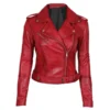Women’s red asymmetrical moto leather jacket featuring a bold biker design, premium leather, and edgy street style