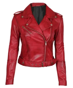 Women’s red asymmetrical moto leather jacket featuring a bold biker design, premium leather, and edgy street style