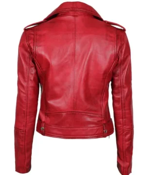 Women’s red moto leather jacket designed with an asymmetrical front, sleek fit, and durable stitching