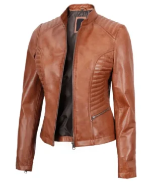Fury tan racer jacket designed with a streamlined fit, durable stitching, and classic motorcycle appeal