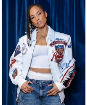 Pelle Pelle white jacket inspired by Alicia Keys’ Tonight Show appearance combining timeless fashion with celebrity flair