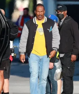 Detroit Lions jacket inspired by Eddie Murphy in Beverly Hills Cop 4 with timeless sports silhouette and retro cinematic fashion appeal