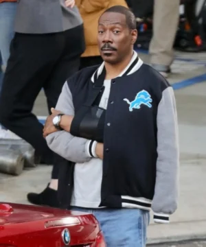 Eddie Murphy signature Beverly Hills Cop 4 Lions jacket showcasing bold team colors, quality craftsmanship, and vintage American sportswear style