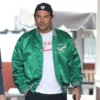 Bradley Cooper Philadelphia Eagles satin jacket featuring smooth satin finish, bold team colors, and premium sports-inspired outerwear