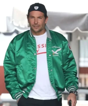Bradley Cooper Philadelphia Eagles satin jacket featuring smooth satin finish, bold team colors, and premium sports-inspired outerwear