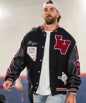 Bryce Harper Las Vegas High School letterman jacket featuring classic varsity design, premium wool body, contrast sleeves, and authentic athletic detailing