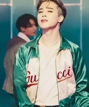 Gucci BTS Jimin Dynamite jacket in vibrant green satin, combining high-end fashion with K-pop inspired styling
