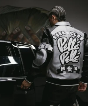 Silver Pelle Pelle jacket worn by Callmegt with structured fit, durable craftsmanship, and standout celebrity-inspired appeal