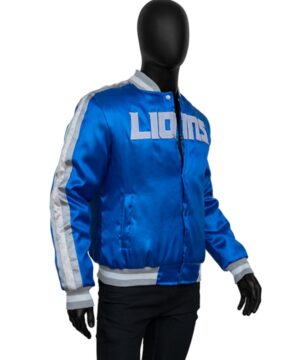 Detroit Lions blue jacket inspired by Calvin Johnson with sleek design, bold team colors, and contemporary fan apparel style