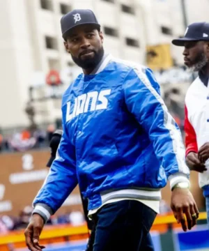 Detroit Lions blue jacket inspired by Calvin Johnson with sleek design, bold team colors, and contemporary fan apparel style