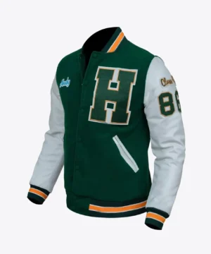 Stranger Things varsity jacket inspired by Eddie Munson with bold team-style accents, durable construction, and contemporary streetwear appeal