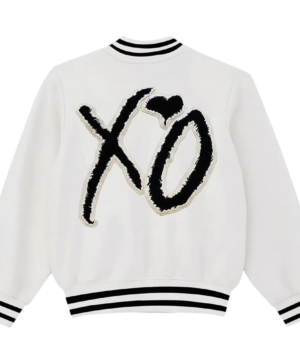 Hip hop inspired Future XO varsity jacket in classic white color