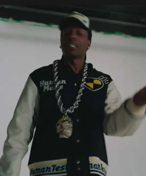 ASAP Rocky Human Made varsity jacket featuring classic letterman design, premium fabric, and celebrity-inspired streetwear style