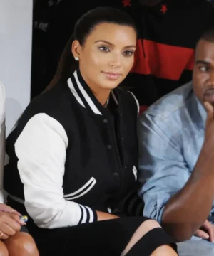 Kim Kardashian varsity jacket featuring classic letterman design, premium fabric, and celebrity-inspired streetwear style