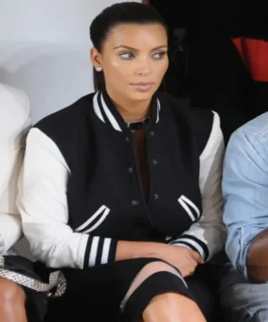 Kim Kardashian signature varsity jacket showcasing durable material, bold detailing, and modern pop culture outerwear aesthetics