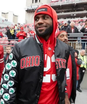 LeBron James inspired Buckeyes satin jacket showcasing smooth satin fabric, quality craftsmanship, and iconic college sportswear style