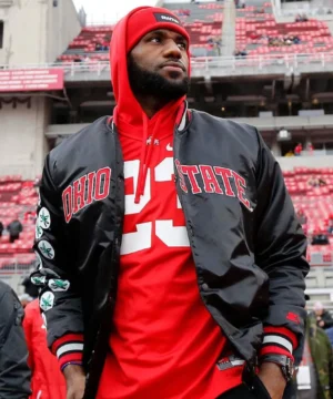 LeBron James Ohio State Buckeyes satin jacket featuring glossy finish, classic collegiate styling, and premium sports fashion appeal
