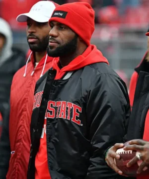 LeBron James inspired Buckeyes satin jacket showcasing smooth satin fabric, quality craftsmanship, and iconic college sportswear style