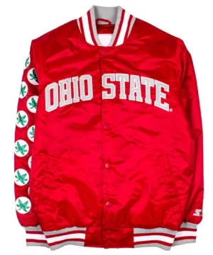 Ohio State Buckeyes satin jacket inspired by LeBron James with timeless varsity silhouette, bold team colors, and retro athletic charm