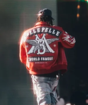 Red Pelle Pelle jacket worn by LiAngelo Ball at Rolling Loud with eye-catching details and hip-hop fashion appeal