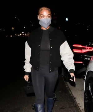 Lori Harvey Malibu black & white varsity jacket featuring classic letterman design, premium fabric, and celebrity-inspired streetwear style