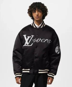 Black satin bomber jacket by Louis Vuitton with sleek silhouette, premium fabric, and high-end fashion aesthetics