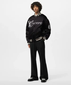 Louis Vuitton signature satin bomber jacket showcasing refined detailing, glossy texture, and contemporary luxury streetwear style