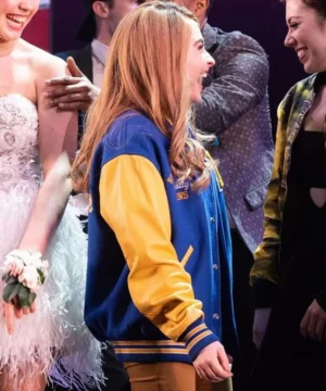 Sabrina Carpenter signature Mean Girls Broadway varsity jacket showcasing durable material, bold detailing, and stylish theatrical outerwear aesthetics