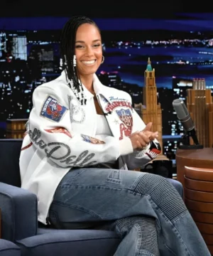 White Pelle Pelle jacket worn by Alicia Keys on The Tonight Show with bold fashion details and luxury streetwear appeal