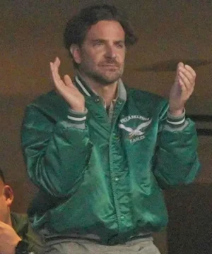 Bradley Cooper signature Eagles satin jacket showcasing glossy fabric, iconic team branding, and contemporary collegiate style