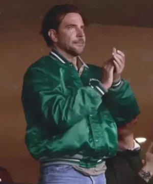 Bradley Cooper signature Eagles satin jacket showcasing glossy fabric, iconic team branding, and contemporary collegiate style