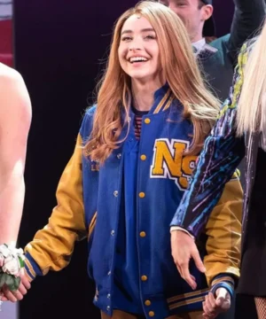 Sabrina Carpenter signature Mean Girls Broadway varsity jacket showcasing durable material, bold detailing, and stylish theatrical outerwear aesthetics