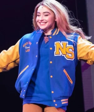Sabrina Carpenter Mean Girls on Broadway varsity jacket featuring classic letterman design, premium fabric, and Broadway-inspired style
