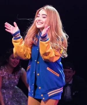 Sabrina Carpenter signature Mean Girls Broadway varsity jacket showcasing durable material, bold detailing, and stylish theatrical outerwear aesthetics