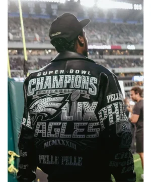 Philadelphia Eagles Pelle Pelle jacket worn by Meek Mill with standout detailing and luxury hip-hop fashion appeal